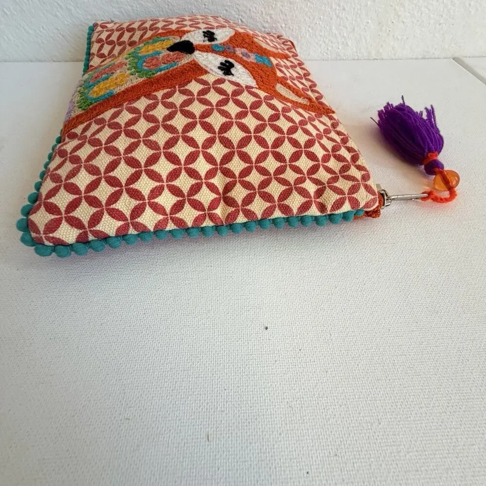 Karma Living Boho Fox Embroidered Zipper Pouch Tassel Pom Pom Makeup Clutch